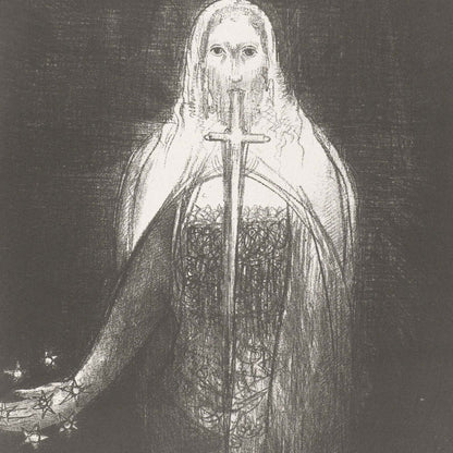 A dark monochrome artwork depicting a hooded figure holding a vertical sword, rendered in sketch-like black, gray, and white tones against a dark background.