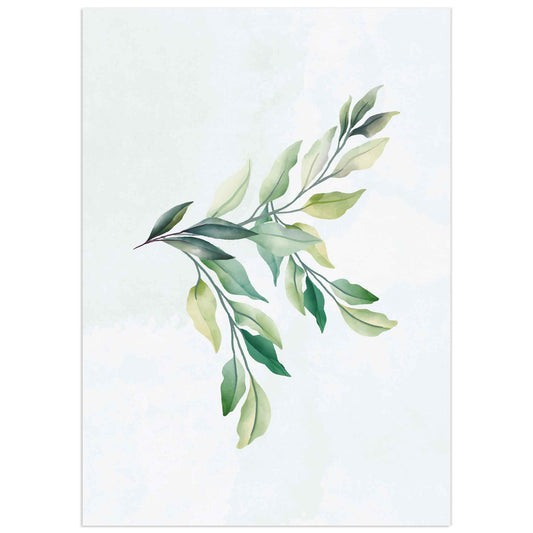 Watercolor-style foliage illustration with soft green leaves on a light background