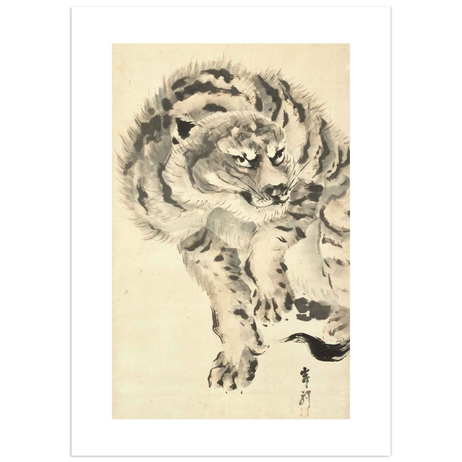 Japanese ink painting of a tiger in motion by Ganku, Edo period; features expressive brushstrokes and dynamic posture in sumi-e style.