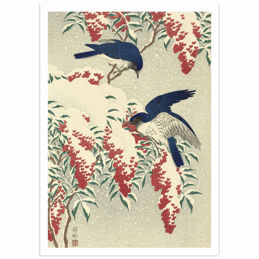 Japanese woodblock print by Ohara Koson showing two blue-and-white flycatchers on a snow-covered nandina branch with red berries