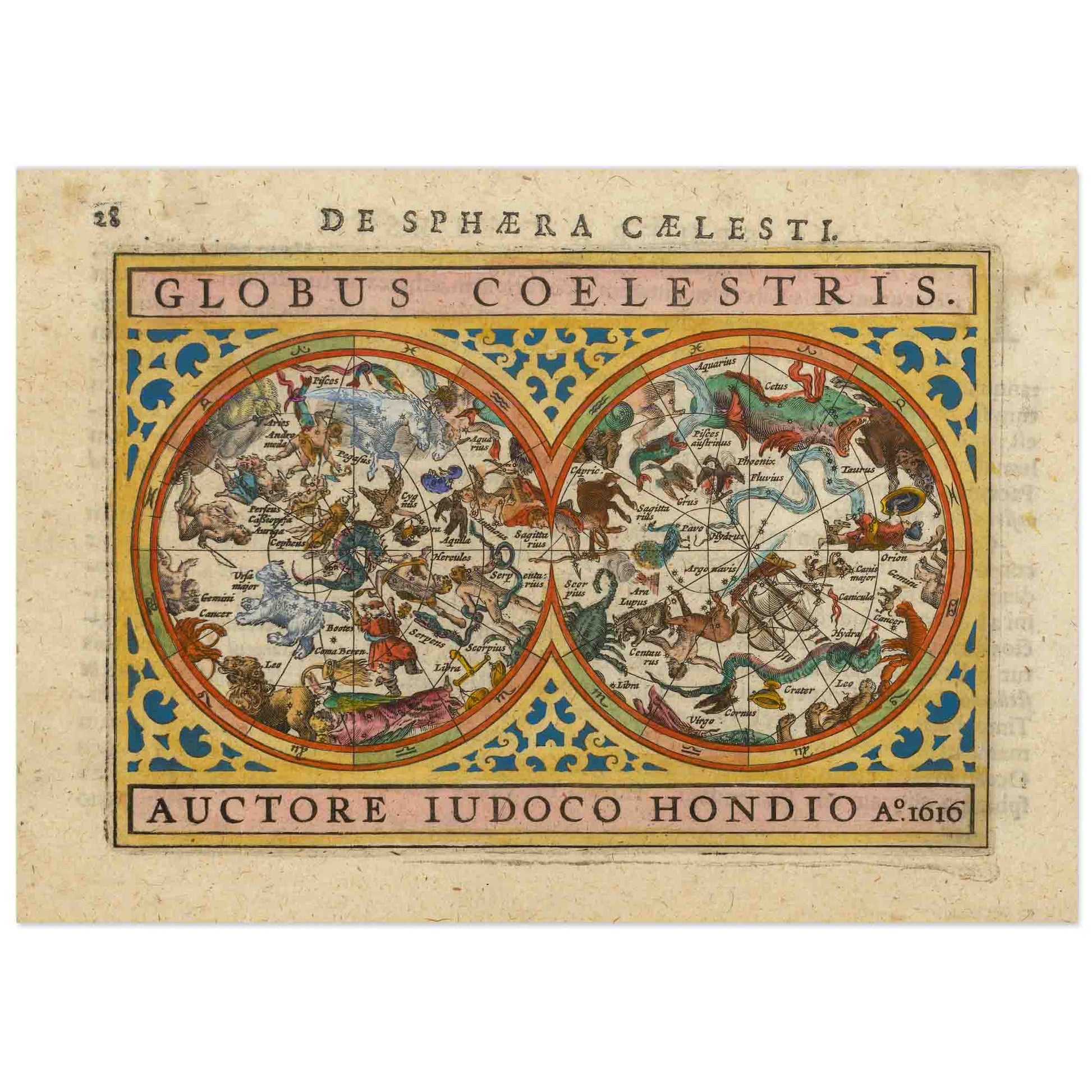 A printed map titled 'Globus Coelestris' featuring illustrations of the northern and southern skies with vintage coloration.