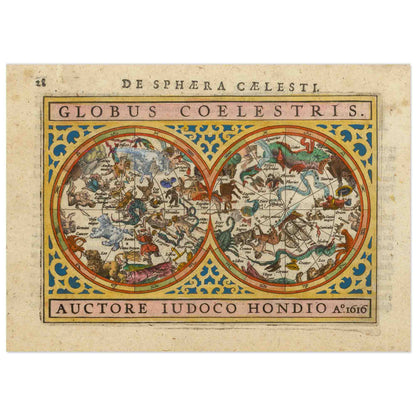 A printed map titled 'Globus Coelestris' featuring illustrations of the northern and southern skies with vintage coloration.