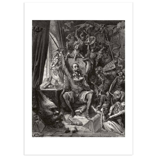 Gustave Dore engraving of Don Quixote driven mad among his books of chivalry, phantoms of knights and monsters rising around him