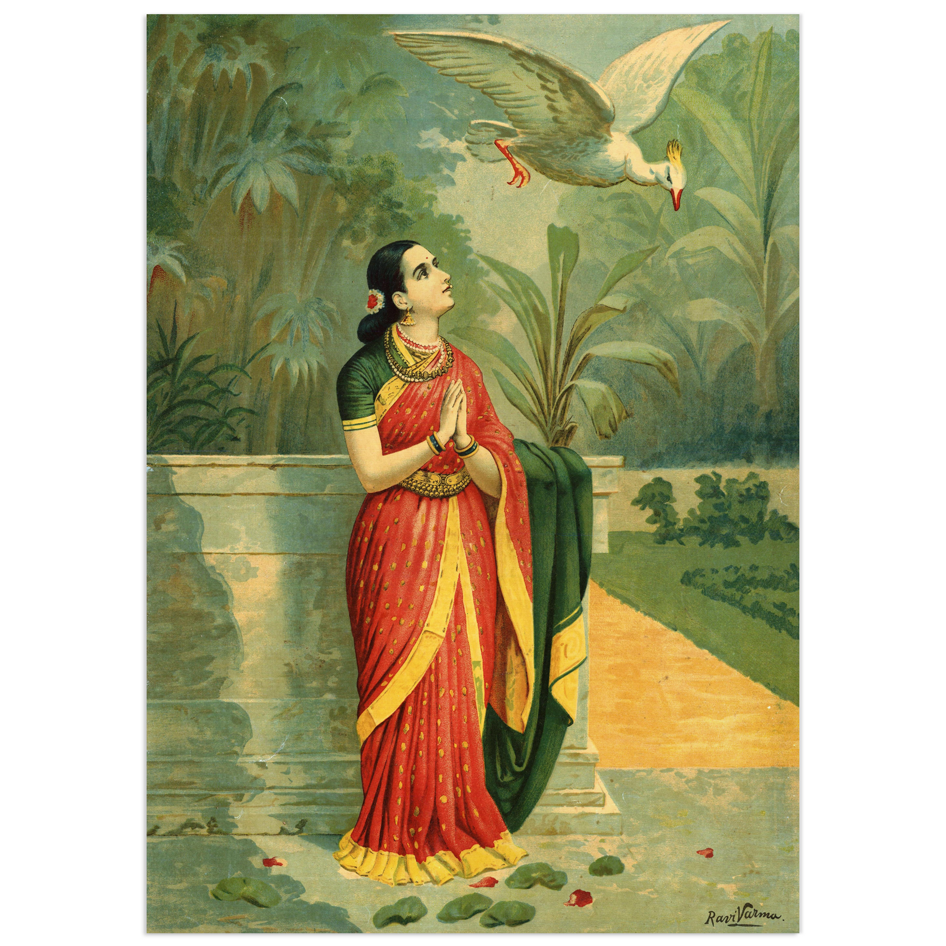 Poster showing princess Damayanti in a red and gold sari, hands in prayer, looking up at a flying white swan against a tropical garden background. Indian mythological artwork by Raja Ravi Varma.