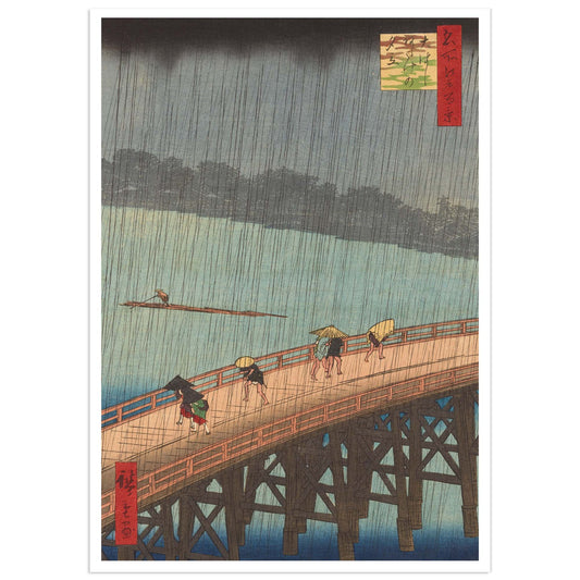 Hiroshige Evening Shower at Atake and the Great Bridge woodblock print rain scene Edo Japan