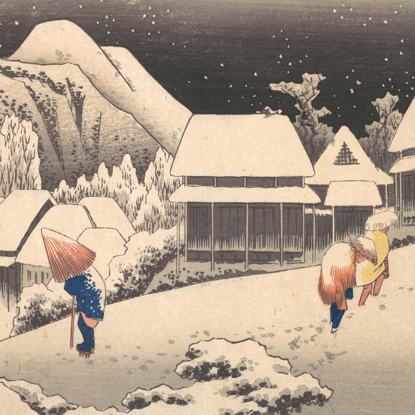 Snowy Evening at Kanbara Station Woodblock Print, Utagawa Hiroshige