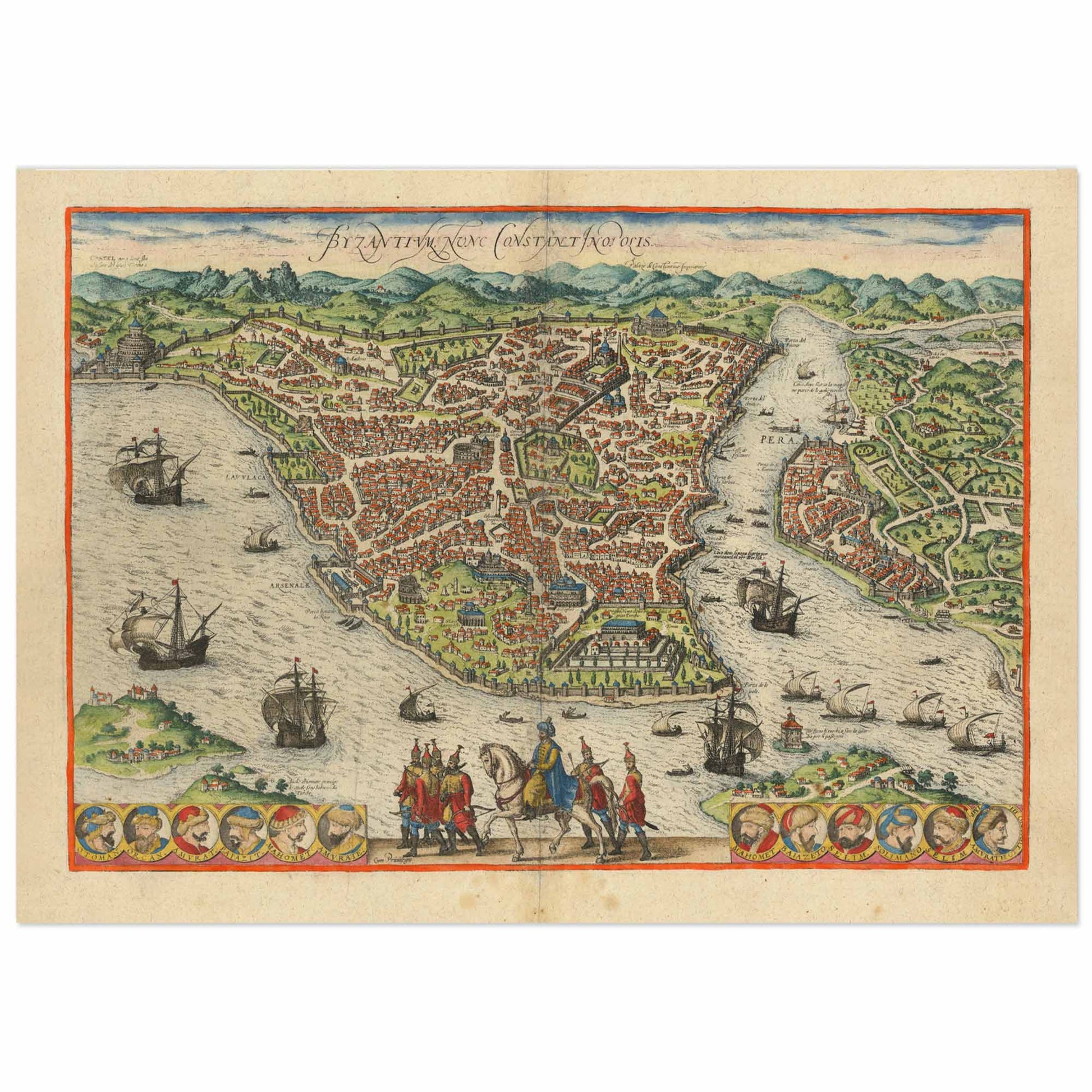 A reproduction of a 16th-century map of Istanbul, featuring a bird's-eye view of the city with notable landmarks such as Topkapi Palace, Hagia Sophia, and Fatih Mosque, along with ships and figures along the lower edge.