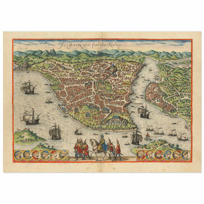 A reproduction of a 16th-century map of Istanbul, featuring a bird's-eye view of the city with notable landmarks such as Topkapi Palace, Hagia Sophia, and Fatih Mosque, along with ships and figures along the lower edge.