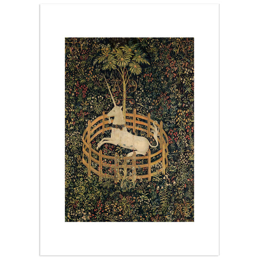 Medieval tapestry featuring a unicorn in captivity within a blooming garden
