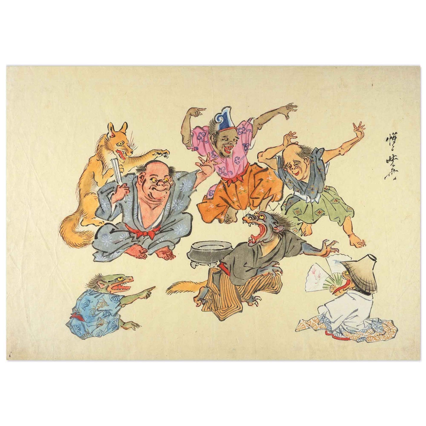 Le Démon à Longue Queue – Esprits, Hommes et Renard dans une Scène Surnaturelle de Kyōsai