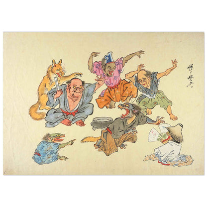 Le Démon à Longue Queue – Esprits, Hommes et Renard dans une Scène Surnaturelle de Kyōsai