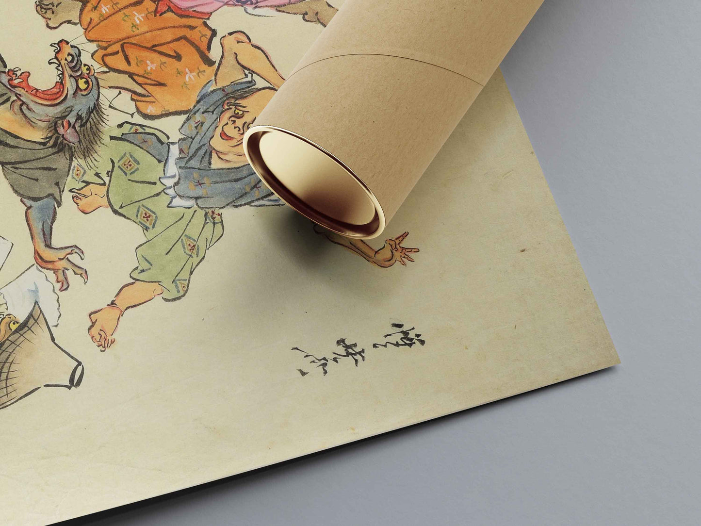 Le Démon à Longue Queue – Esprits, Hommes et Renard dans une Scène Surnaturelle de Kyōsai