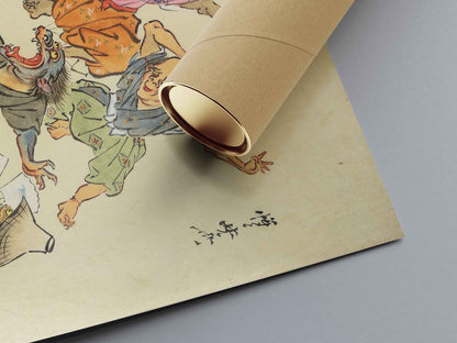 Le Démon à Longue Queue – Esprits, Hommes et Renard dans une Scène Surnaturelle de Kyōsai