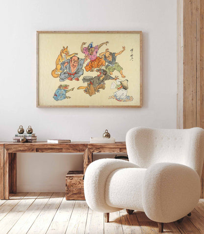 Le Démon à Longue Queue – Esprits, Hommes et Renard dans une Scène Surnaturelle de Kyōsai
