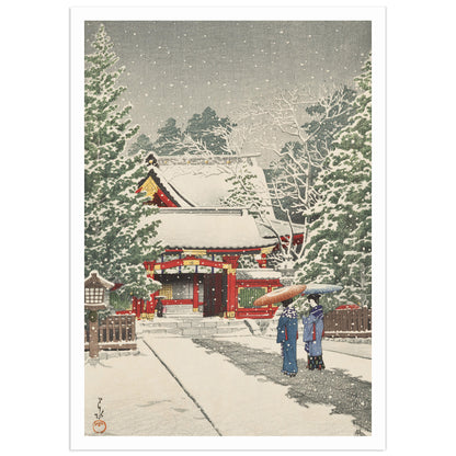 Kawase Hasui, Snow at Hie Shrine (1931): two women walk through heavy snow toward the inner precincts of Hie Shrine in Tokyo