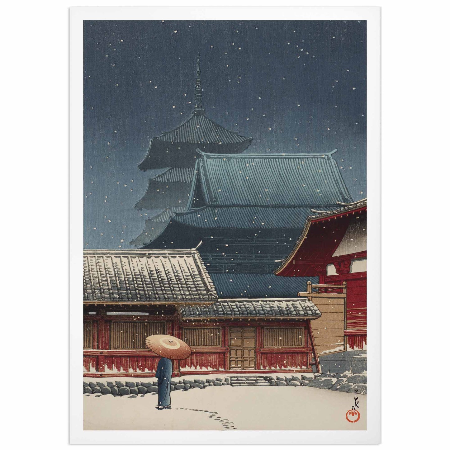 Japanese woodblock print by Hasui Kawase – Tennoji Temple in Osaka in the snow, with a lone figure under umbrella and pagoda in the background, 1933.