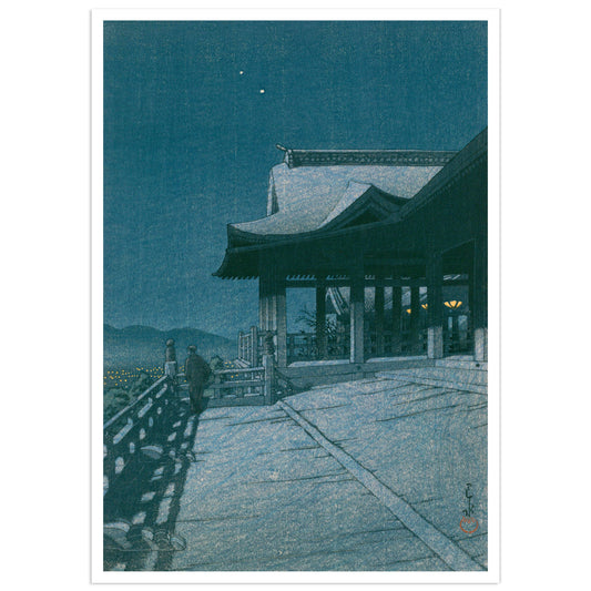 Hasui Kiyomizu dera Kyoto night woodblock print temple balcony japan shin hanga. Traditional Japanese building at night with a person walking on a path