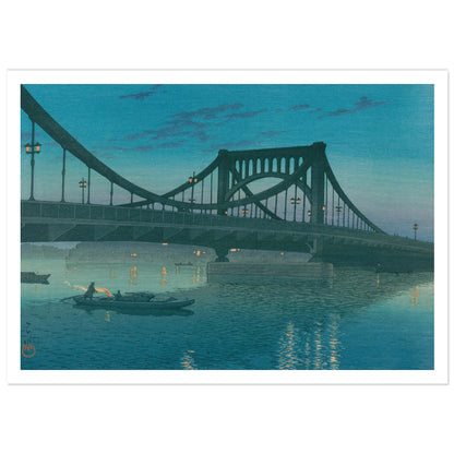 Japanese woodblock print by Kawase Hasui depicting Kiyosu Bridge at twilight, modern steel structure reflecting in Sumida River with traditional boats and golden lights shimmering on water, turquoise blue gradient sky