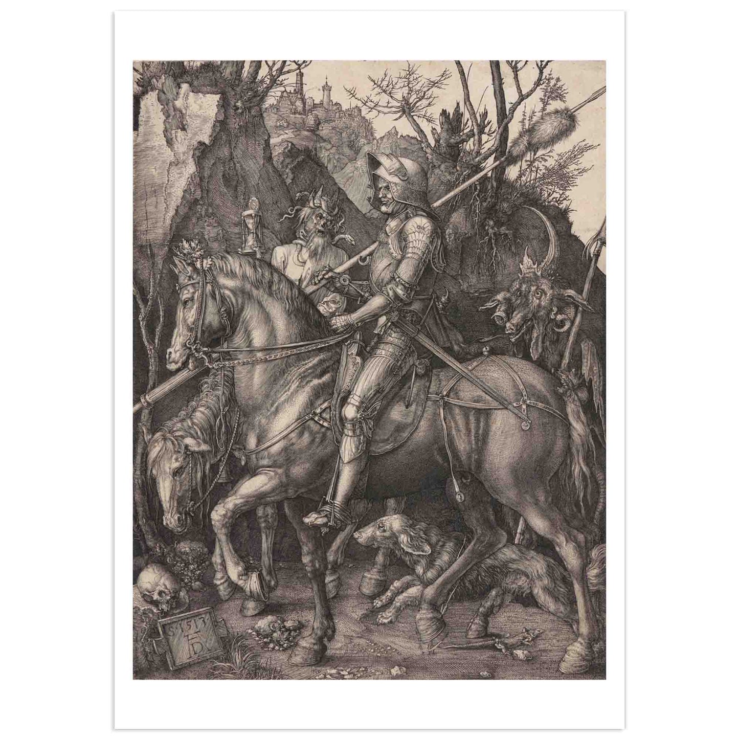 Albrecht Dürer engraving Knight, Death and the Devil (1513) showing an armored knight on horseback followed by Death and a horned Devil, detailed copper engraving in black and white.