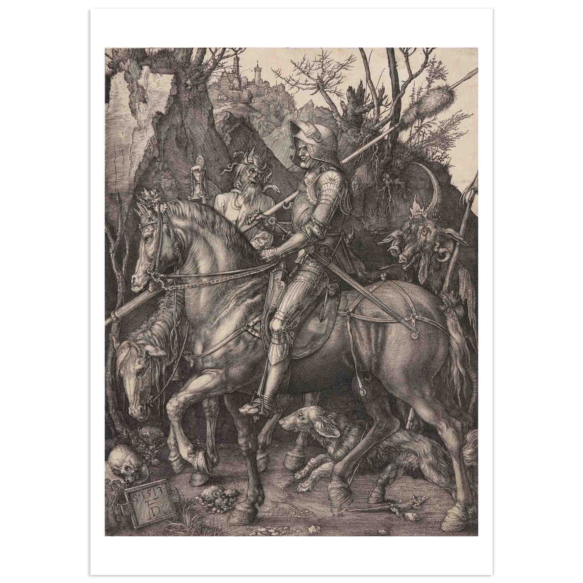 Albrecht Dürer engraving Knight, Death and the Devil (1513) showing an armored knight on horseback followed by Death and a horned Devil, detailed copper engraving in black and white.