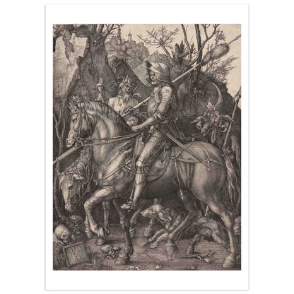 Albrecht Dürer engraving Knight, Death and the Devil (1513) showing an armored knight on horseback followed by Death and a horned Devil, detailed copper engraving in black and white.