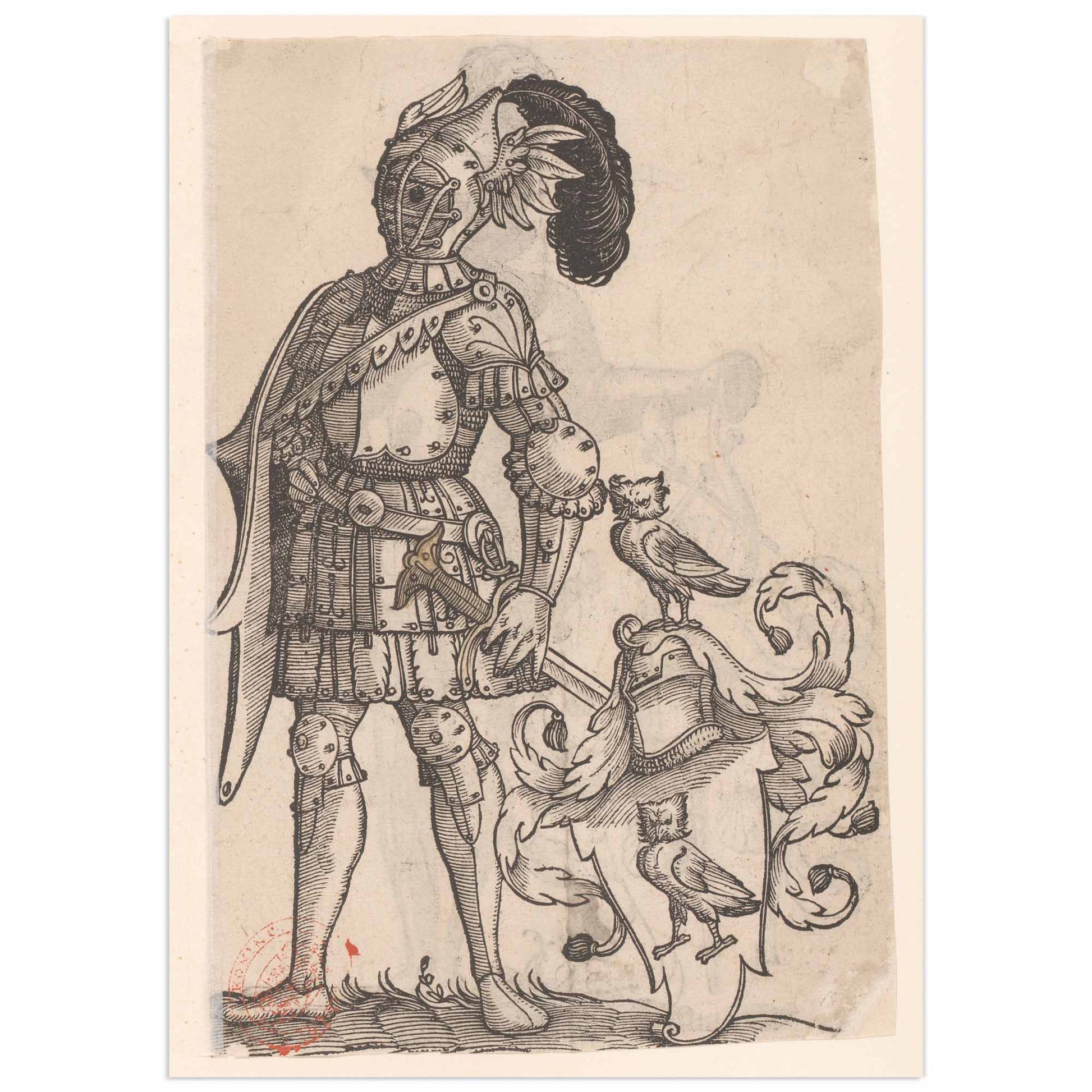 Illustration of a armored figure with a shield featuring aowl emblem on a beige background