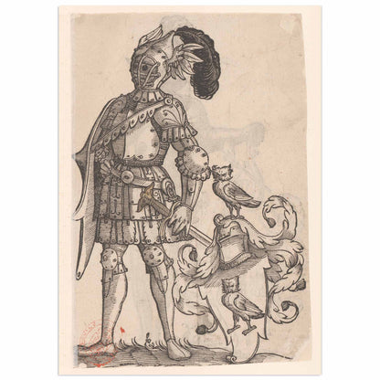 Illustration of a armored figure with a shield featuring aowl emblem on a beige background