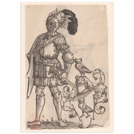Illustration of a armored figure with a shield featuring aowl emblem on a beige background