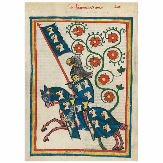 Illuminated manuscript illustration of a medieval knight in blue heraldic armor with eagle emblems, from the Codex Manesse