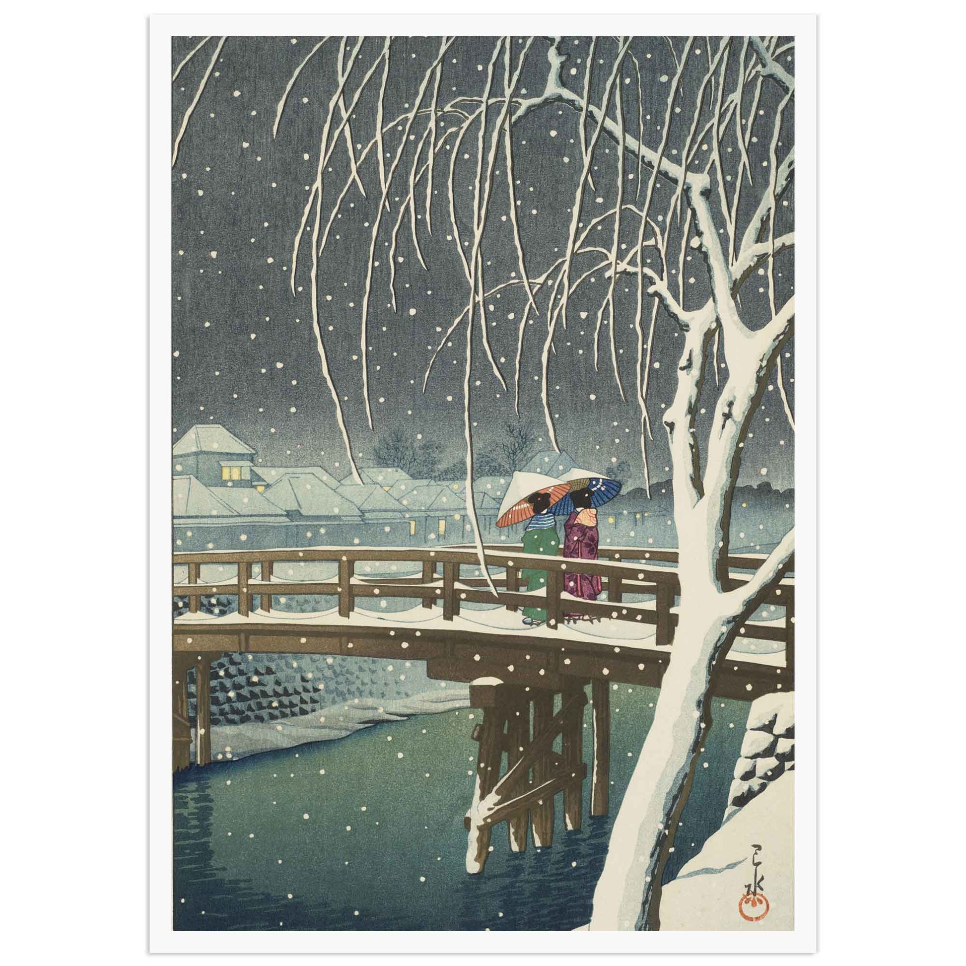 Japanese woodblock print: snowy evening scene with figures on bridge, snow-covered trees, and houses in background