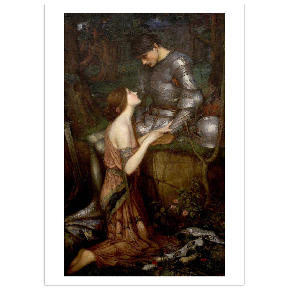 Affiche Lamia de John William Waterhouse (1905), la femme-serpent agenouillée devant un chevalier