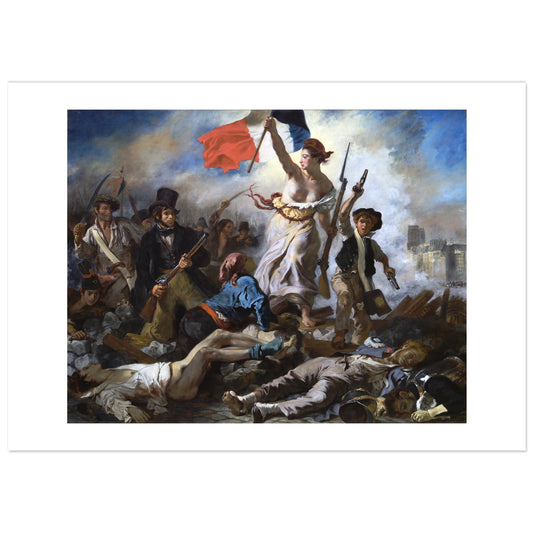 Liberty Leading the People by Eugène Delacroix: a woman in a Phrygian cap holds up the French tricolour flag and a musket, leading armed Parisians over a barricade strewn with bodies, the towers of Notre-Dame in the smoky background