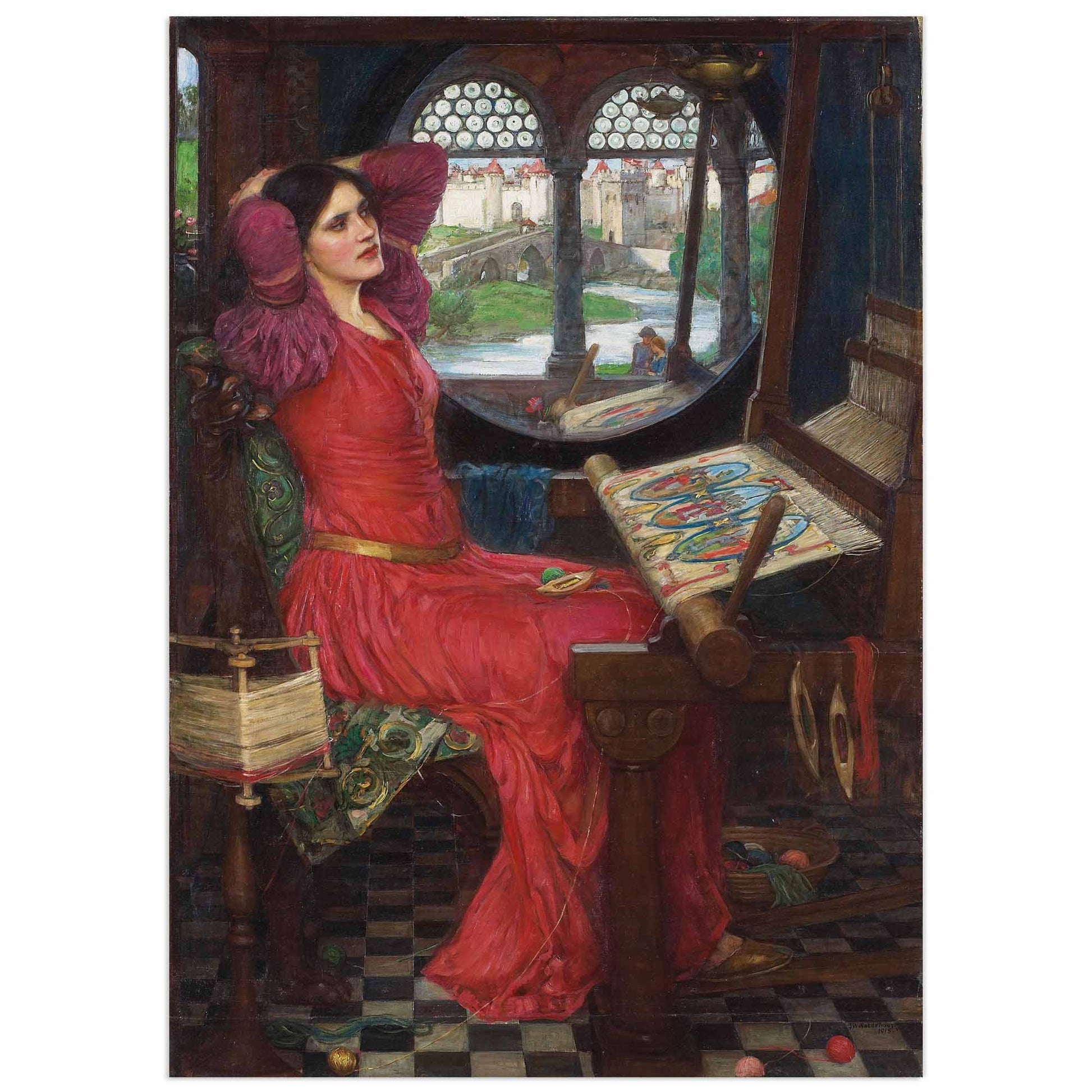 A museum-quality paper reproduction of 'The Lady of Shalott' painting by John William Waterhouse, featuring a woman in a red gown seated before a loom with an arched window in the background.