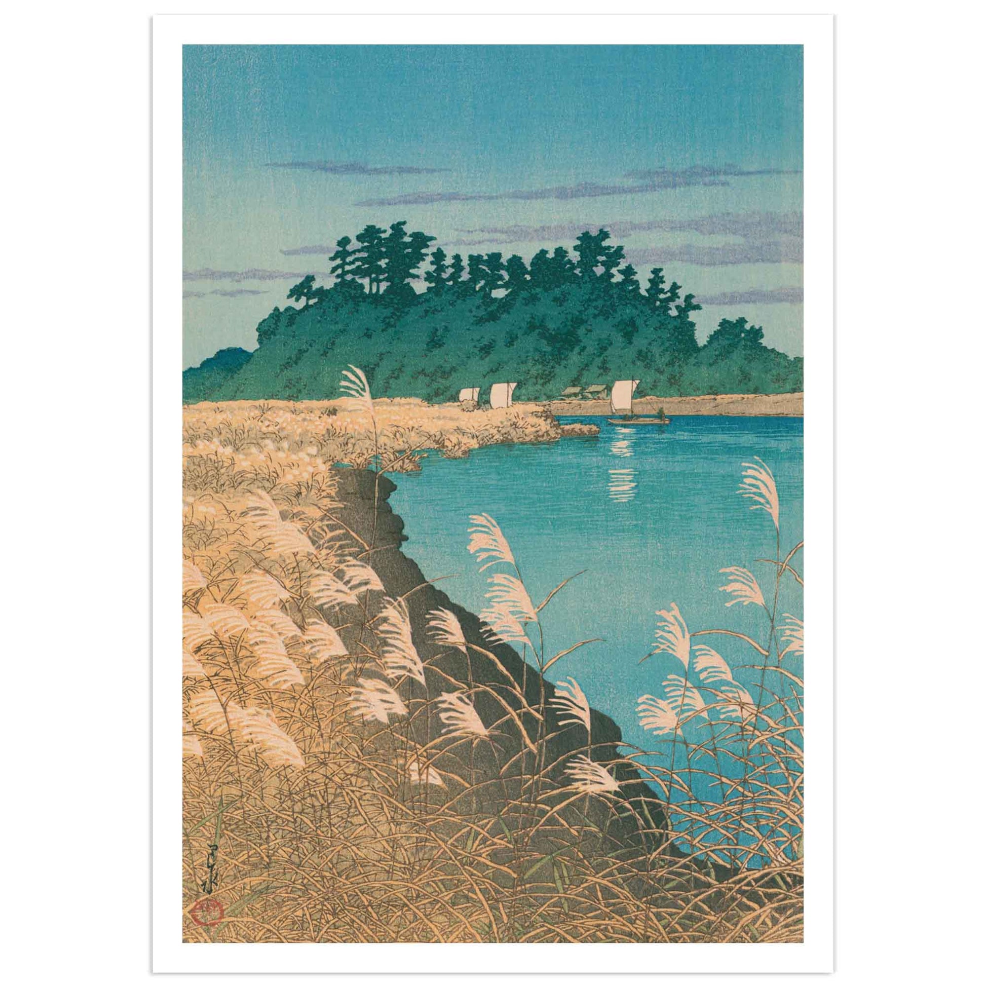 Japanese landscape print with blue river, golden pampas grass, green forested island, and small sailboats - Hasui Kawase poster - Late Autumn in Ichikawa (Ichikawanobanshu)