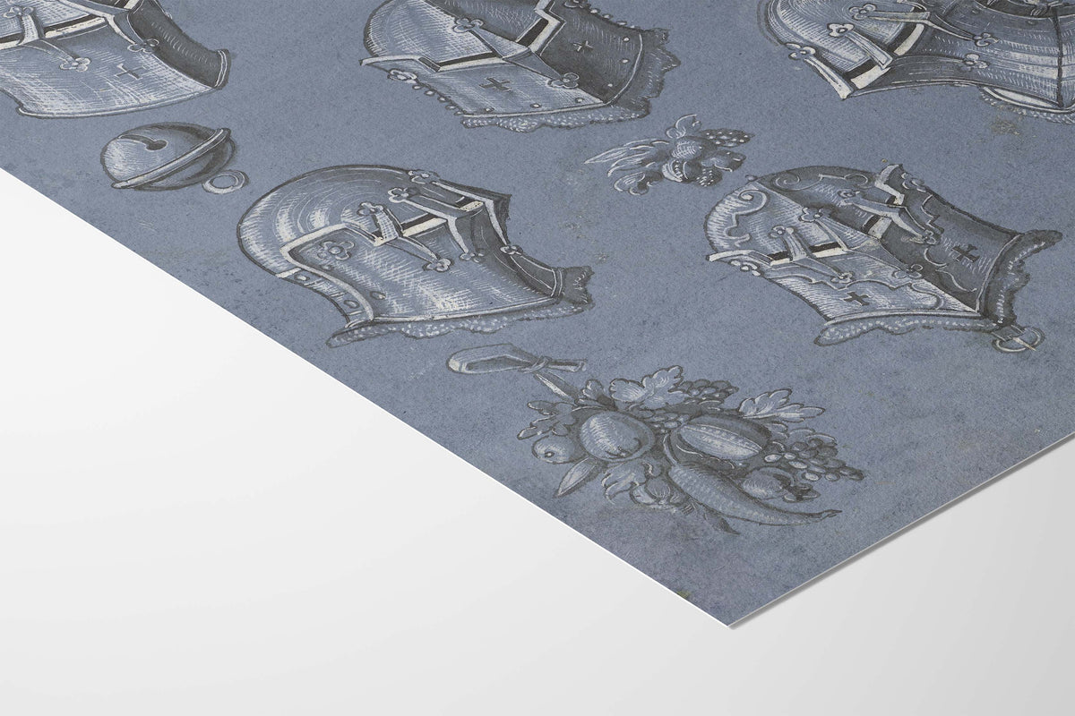 A close-up of a gray patterned sheet featuring embossed or printed medieval-style armor helmets and a floral motif, shown against a white background.