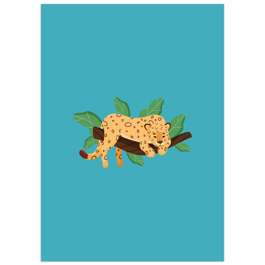Cute stylized leopard illustration on a turquoise background