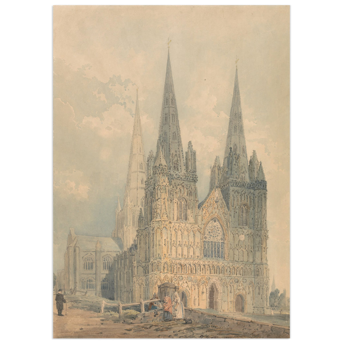 Lichfield Cathedral, Staffordshire by Thomas Girtin: a watercolour view of the cathedral's three tall Gothic spires rising above trees and rooftops under a soft cloudy sky