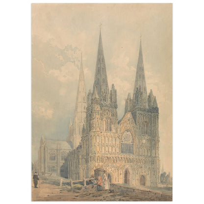 Lichfield Cathedral, Staffordshire by Thomas Girtin: a watercolour view of the cathedral's three tall Gothic spires rising above trees and rooftops under a soft cloudy sky