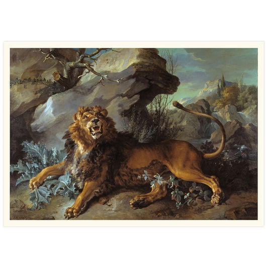 A high definition print of a painting featuring a lion lying down in a natural setting with a fly buzzing around.