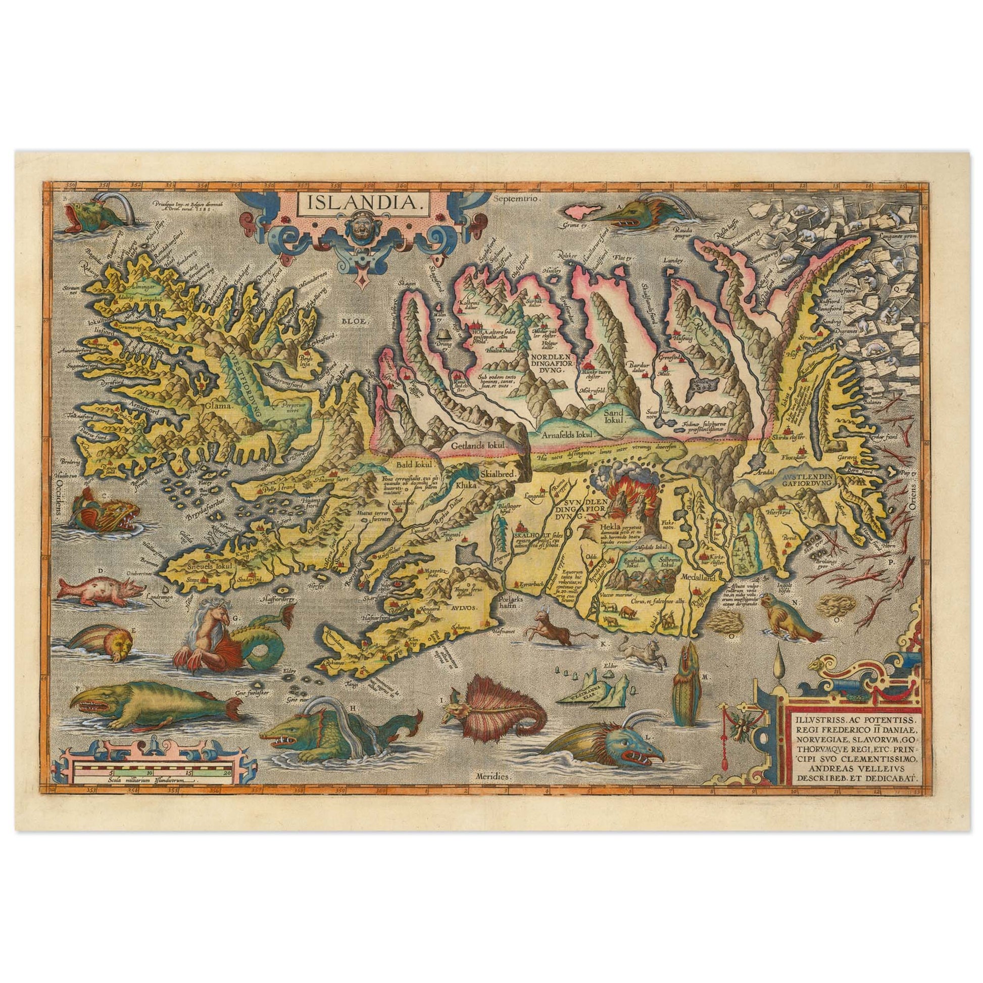 A reproduction of Ortelius' Sea Monster Map of Iceland, featuring vintage geographic details and whimsical sea creatures.