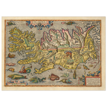 A reproduction of Ortelius' Sea Monster Map of Iceland, featuring vintage geographic details and whimsical sea creatures.