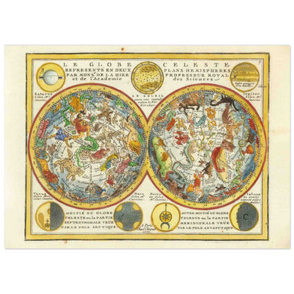 Antique style map of the celestial hemispheres with allegorical depictions of the classical constellations, based on 18th century work by Jacques Chiquet.
