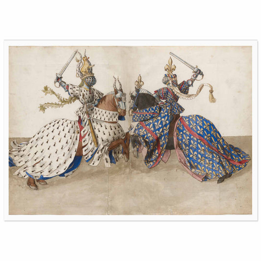 Medieval illustration showing two knights in armor jousting during a tournament, from the Book of Tournaments by René of Anjou, illustrated by Barthélemy d'Eyck, 15th century Provence.