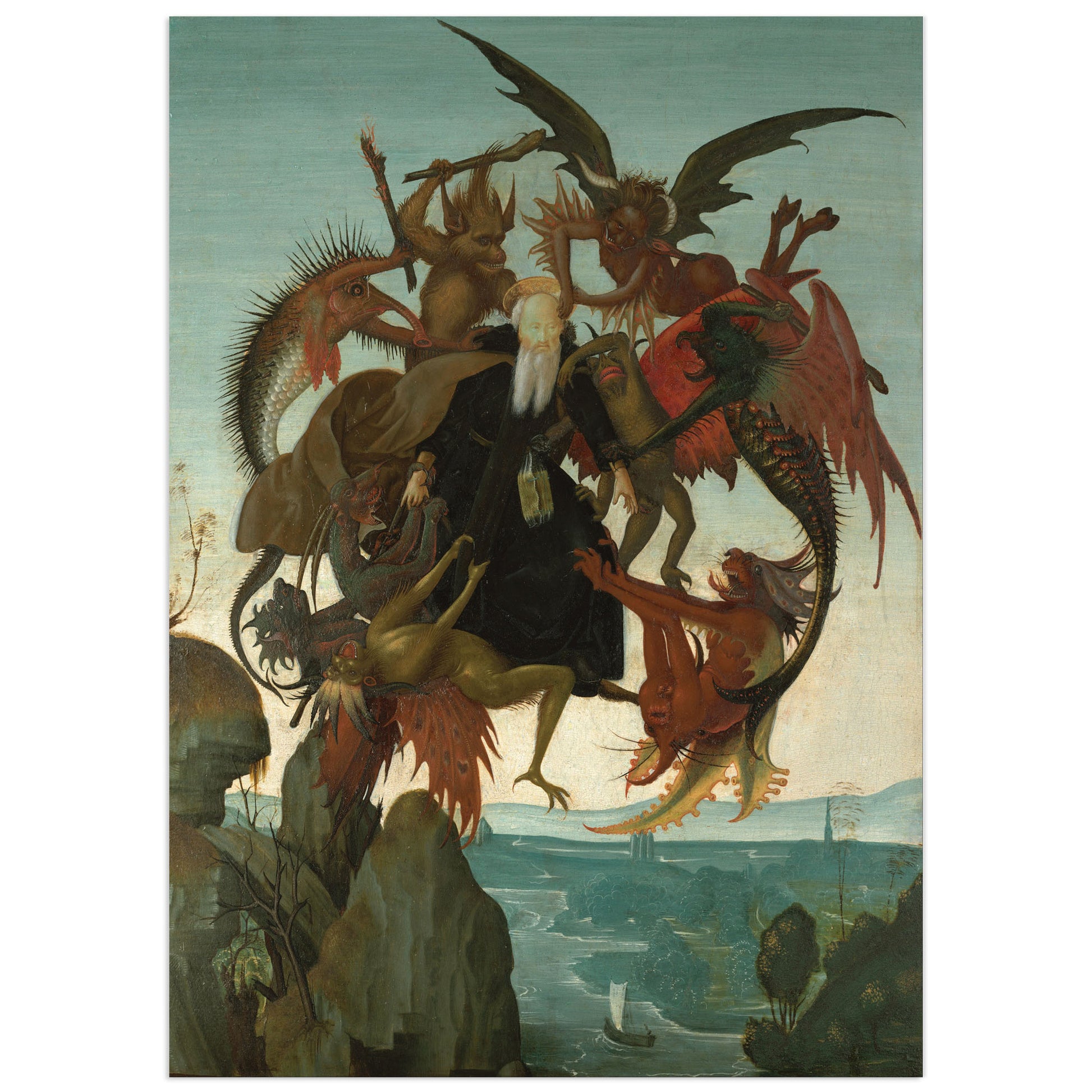 Renaissance painting attributed to Michelangelo showing Saint Anthony lifted into the air and attacked by winged, scaled and horned demons above a river landscape.