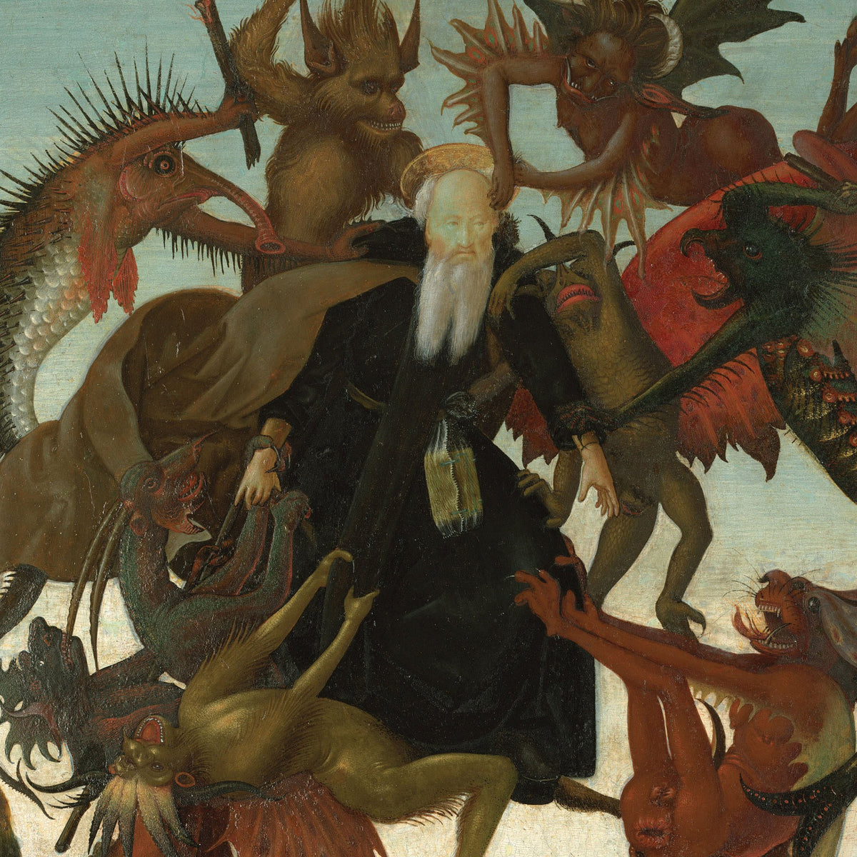 A close-up of a medieval-style painting showing a robed figure with a long white beard surrounded by numerous demonic creatures and monsters on a pale background.