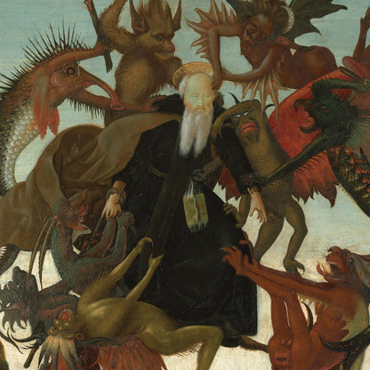 A close-up of a medieval-style painting showing a robed figure with a long white beard surrounded by numerous demonic creatures and monsters on a pale background.