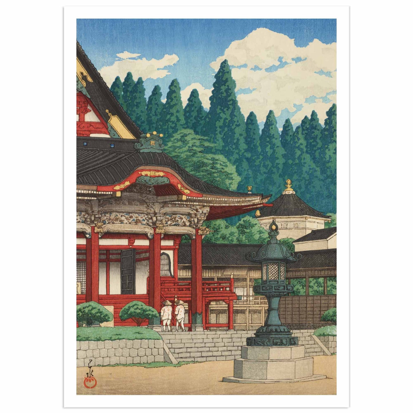 Museum-quality reproduction of Kawase Hasui's Minobusan Kuonji showing ornate red temple gate with golden decorative roof details, traditional Japanese temple buildings with dark tile roofs, large stone lantern in courtyard, two figures in white, dense green cedar forest on mountainside, white clouds in blue sky, exemplifying Shin-Hanga architectural landscape art from 1920s-1940s Japan