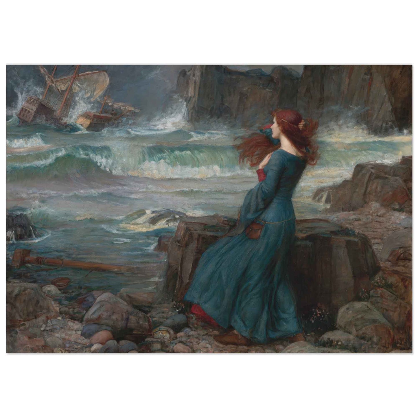 A fine art reproduction print of 'Miranda – The Tempest' by John William Waterhouse, depicting a woman in a blue dress sitting on a rocky shore witnessing a shipwreck in the background.