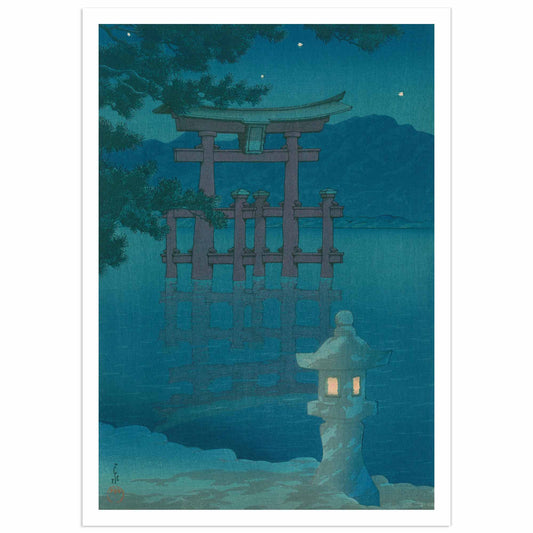 Museum-quality reproduction of Kawase Hasui's Miyajima on a Starlit Night showing the iconic floating torii gate of Itsukushima Shrine silhouetted against luminous turquoise starlit sky with perfect water reflection, glowing stone lantern in foreground, dark pine tree silhouettes framing left side, distant mountains, exemplifying Shin-Hanga nocturnal landscape art in deep blues and teals from 1920s-1940s Japan