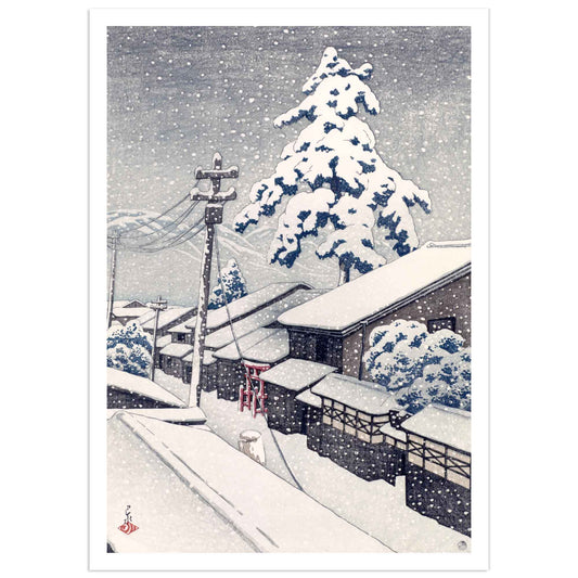 Kawase Hasui, Miyazu in Tango (1921): a lone figure walks along a snowy road in the town of Miyazu, lined with telegraph poles